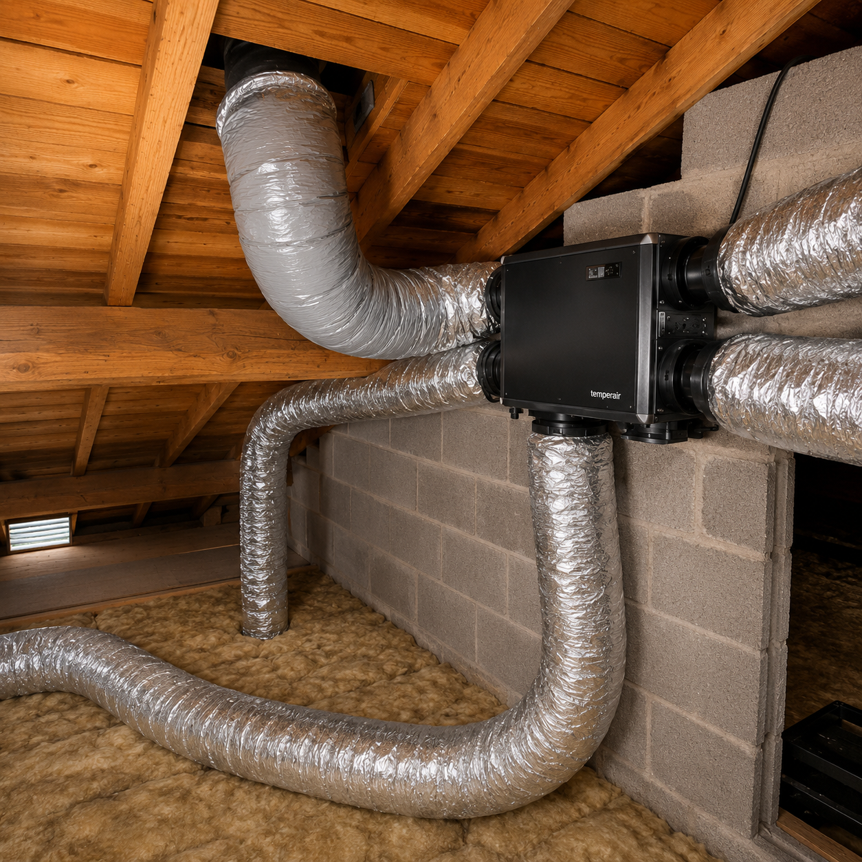 R&eacute;seau de gaines isol&eacute;es dans les combles d'une maison r&eacute;nov&eacute;e